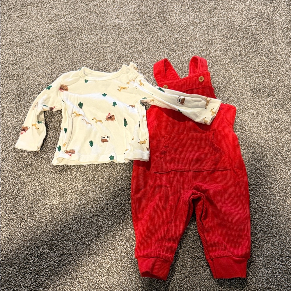 Carter's Vibrant Red Overalls and Cream Santa and Reindeer Print Top Set